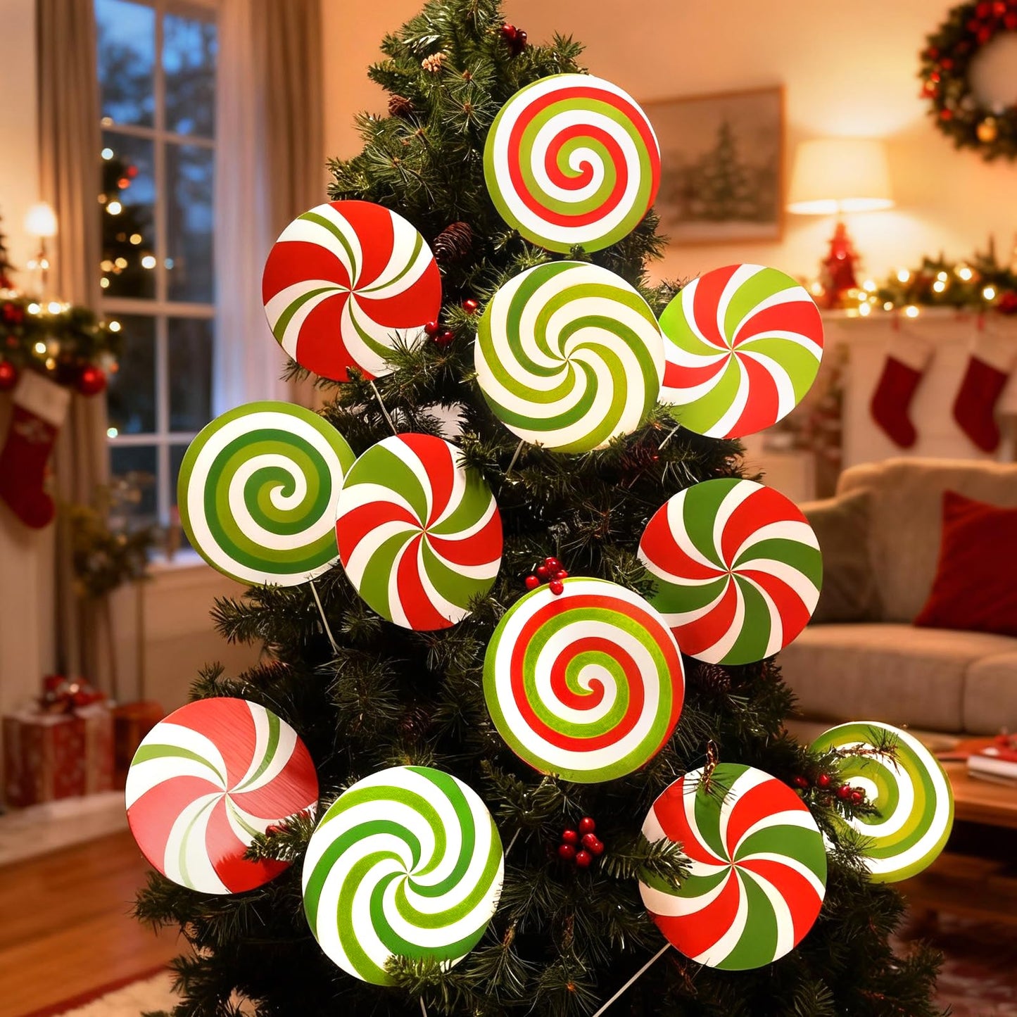 12Pcs Large Candy Christmas Tree Decorations Peppermint Lollipop Christmas Picks for Tree, 7.87" Red Green White Candy Ornaments, Plastic Candyland Tree Topper for Xmas Holiday Party Vase Decor
