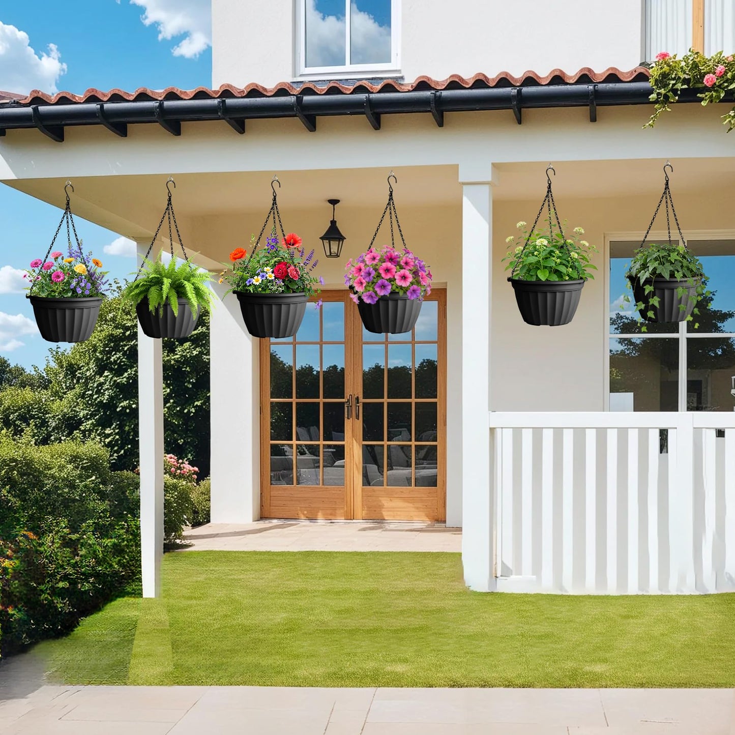 FGstyle 6 Pack Hanging Planters 8 Inch,Self Watering Pots for Indoor Plants,Plastic Hanging Basket with Soil Elevator and 20" Chain for Home Garden Porch Balcony Patio Decor(Black)