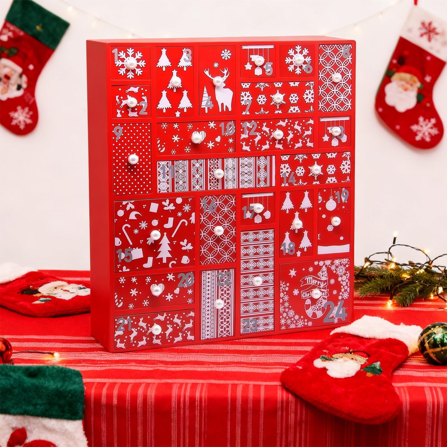 Juegoal Red Advent Calendar with 24 Drawers Countdown to Christmas, Refillable Wooden Advent, Christmas Gift for Children, 15 Inches Tall