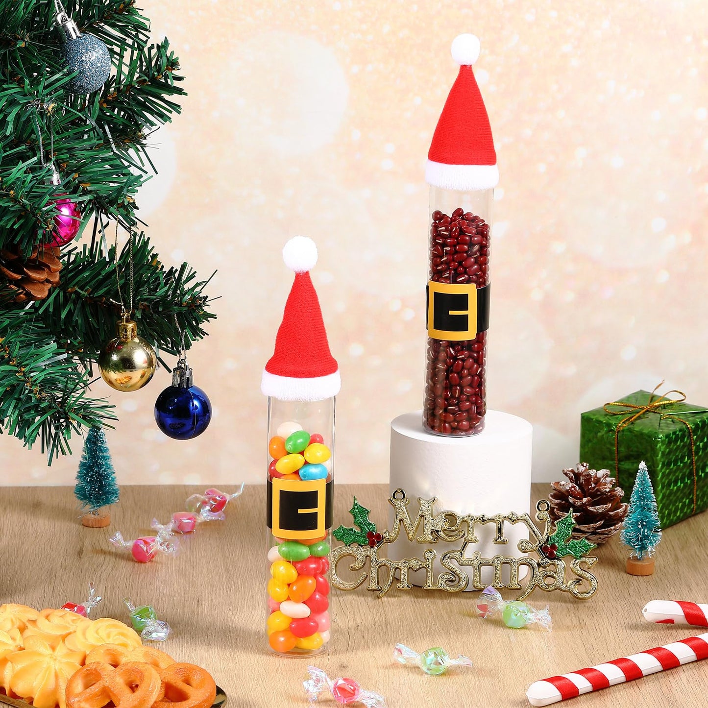 Vinsatin 30 Pcs Empty Candy Tubes Plastic Tubes with Caps Christmas Candy Containers 110ml Xmas DIY Crafts Chocolate Cookie Jar with Stickers(Classic)