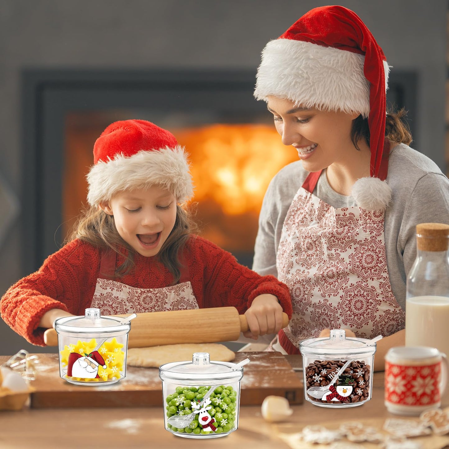 FYSUIMU 3Pcs Christmas Hot Cocoa Bar Supplies with Lid Spoon 6.8 Oz Acrylic Sugar Bowl Santa Snowman Reindeer Xmas Candy Jar Clear Kitchen Storage Container for Home Coffee Bar Holiday Party