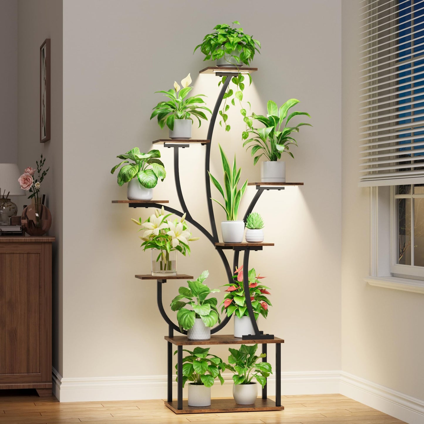 Plant Stand Indoor with Grow Lights - Lighted Plant Shelf Indoor, 63" Tall Plant Stands for Indoor Growing, 8 Tier Corner Flower Display Shelf, Large Tree-Shaped Holder for Living Room Bedroom Black