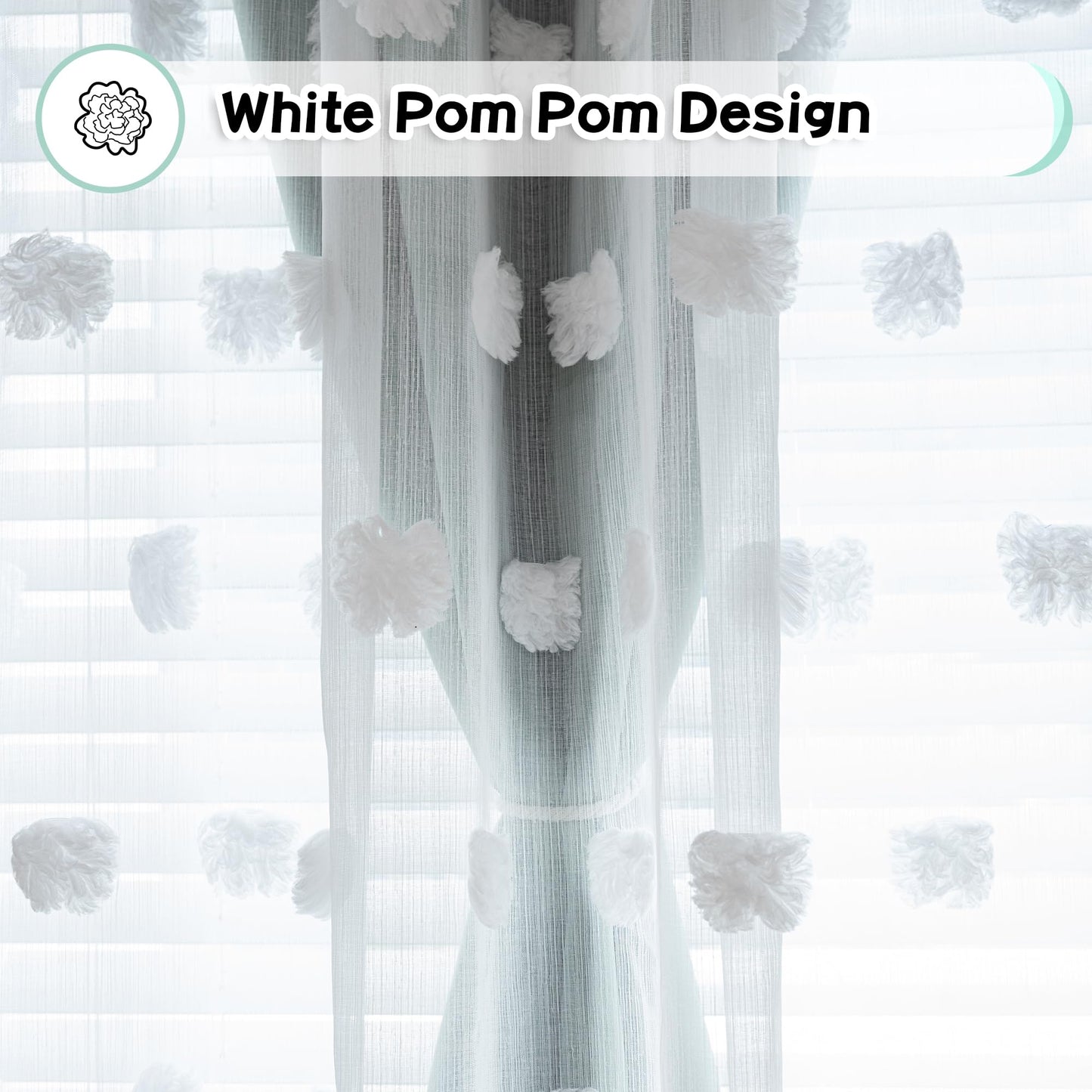 MYSKY HOME Aqua Living Room Curtains Kids Curtains for Boys Bedroom 84 Inches Long Double Layer Curtains for Kids Room Darkening Grommet White Pom Pom Sheer Blackout Curtains 52 x 84 Inch 2 Panels