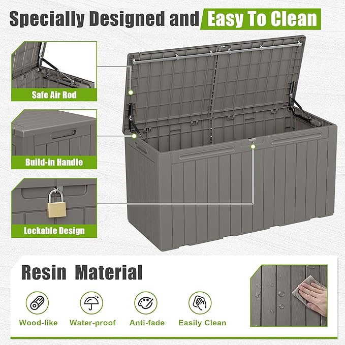 Flamaker Resin Deck Box 100 Gallon Large Lockable Outdoor Storage Box Waterproof for Patio Cushions, Tools, Pool Accessories (Light Brown)
