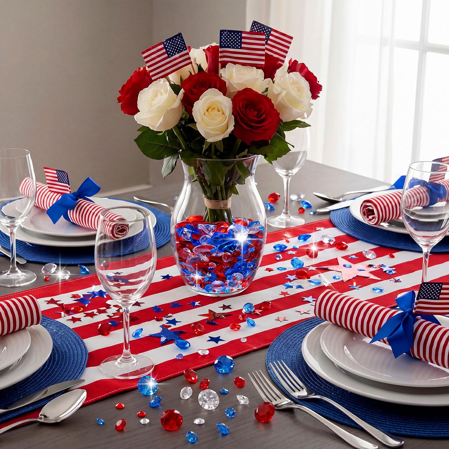 Hicarer 800 Pieces Red Clear Blue Diamond Decorations Patriotic Acrylic Diamond Table Scatter Crystals for 4th of July Independence Day 250th Anniversary USA Birthday DIY Crafts Home Party Decorations