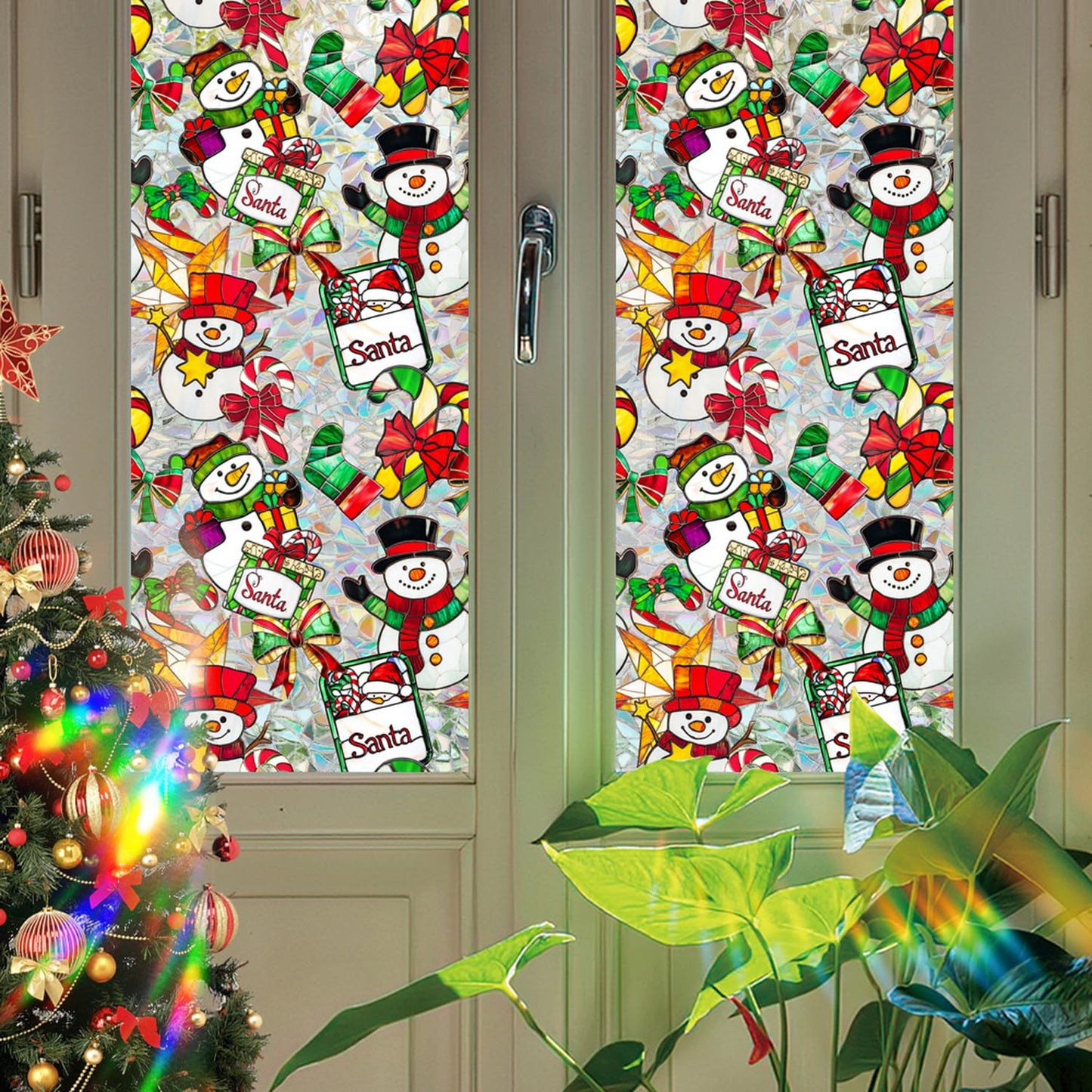 Christmas Stained Glass Window Cling Rainbow Tinted Window Film Privacy Stained Glass Window Decal Snowman Bow Candy Cane Windows Decals for Home School Xmas Party Decoration 17x 39.3 Inch