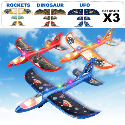 3 Pack Foam Airplane Launcher Toy with 3 DIY Stickers, 12.6" Glider Led Plane, Catapult Plane Boy Toys, Outdoor Sport Flying Toys for Kids Birthday Gifts for 4 5 6 7 8 9 10 11 12 Year Old Boys Girls