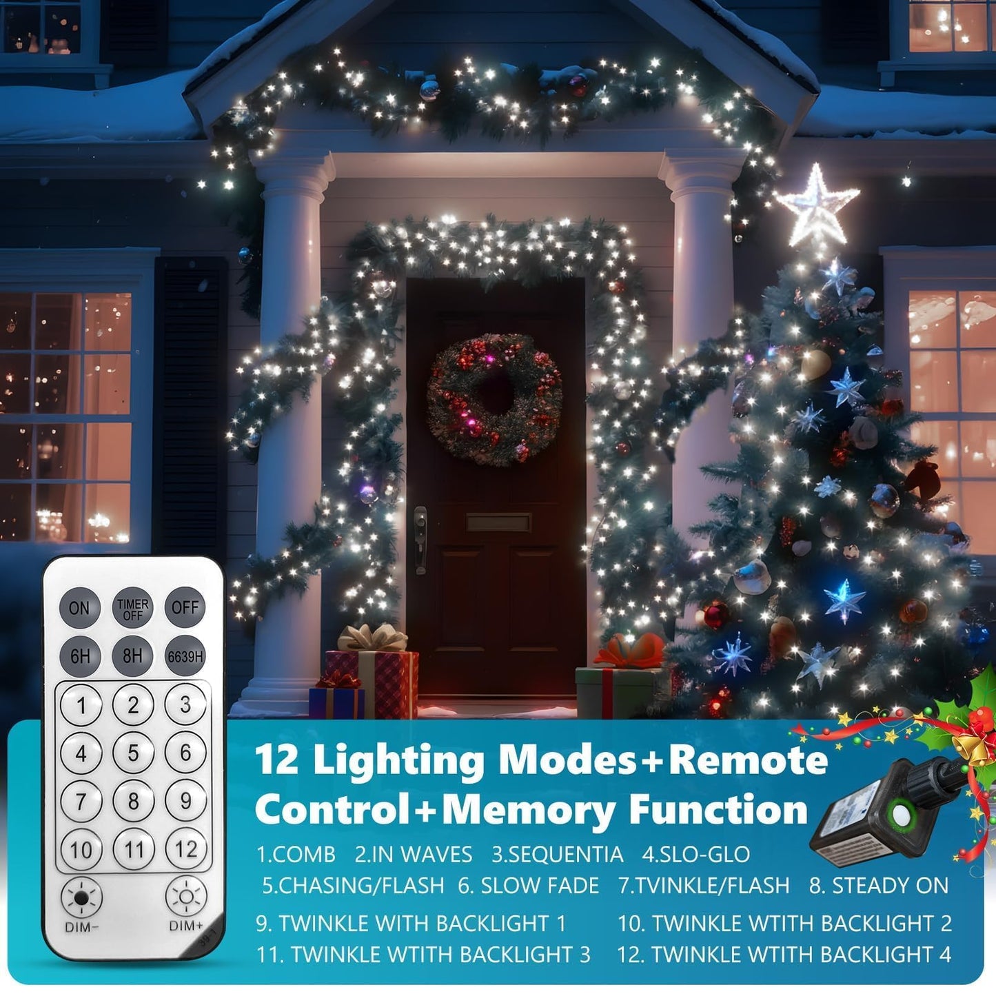 1200 LED 59FT Christmas Cluster Lights, Cool White Christmas Tree Lights Outdoor, Firecrackers String Light with 12 Modes Timer Remote, Waterproof Plug in Twinkle Fairy Light for Xmas Tree Garland