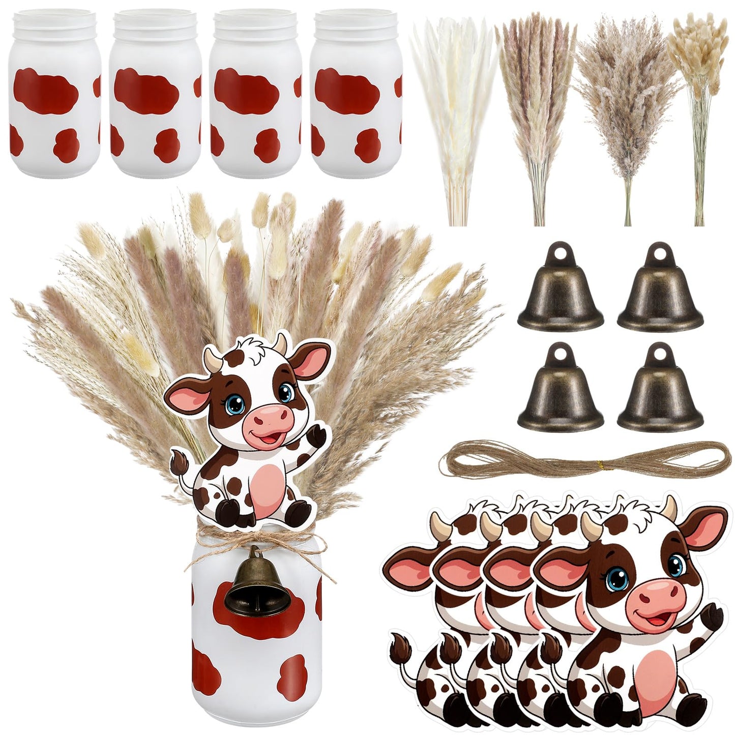 Ferrochef 4 Sets Farm Theme Centerpieces Cow Birthday Party Decorations for Tables, 119 Pcs Farm Party Decoration Include Mason Jars Bell Dried Pampas Grass Kit for Birthday Baby Shower(Brown)