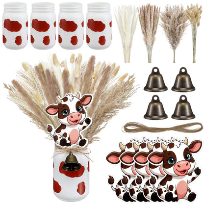 Ferrochef 4 Sets Farm Theme Centerpieces Cow Birthday Party Decorations for Tables, 119 Pcs Farm Party Decoration Include Mason Jars Bell Dried Pampas Grass Kit for Birthday Baby Shower(Brown)