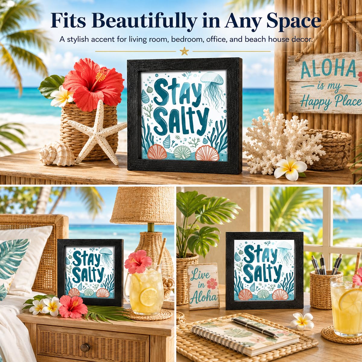 Beach Decorations for Home, Stay Salty Acrylic Sign with Wood Frame, SUmmer Beach Theme Decor for House Room Bedroom Bathroom Classroom 6.3 x 6.3 Inch