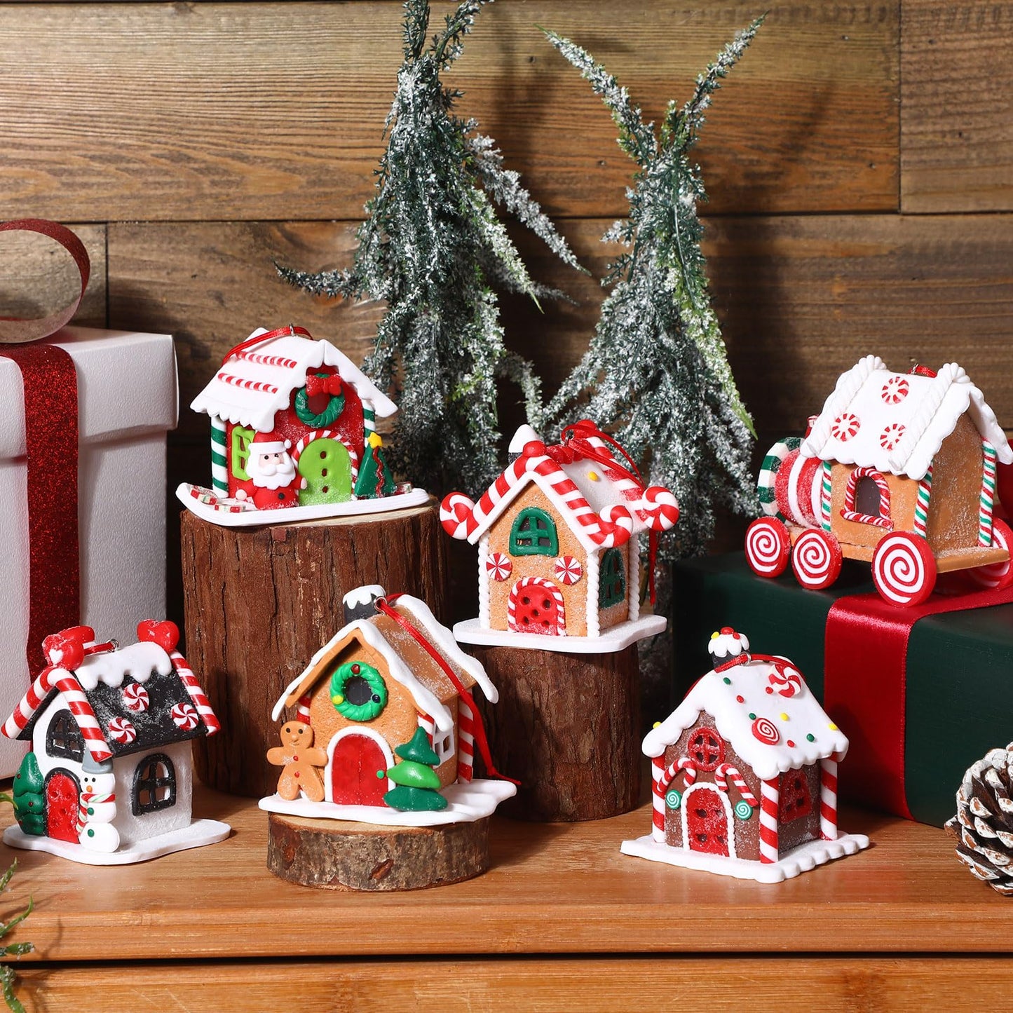Funtery 6 Pcs Gingerbread House Ornaments for Christmas Tree Gingerbread Christmas Decor with Rope Xmas Hanging Ornaments for Tree Holiday Party New Year Home Decorations (Lovely Style)
