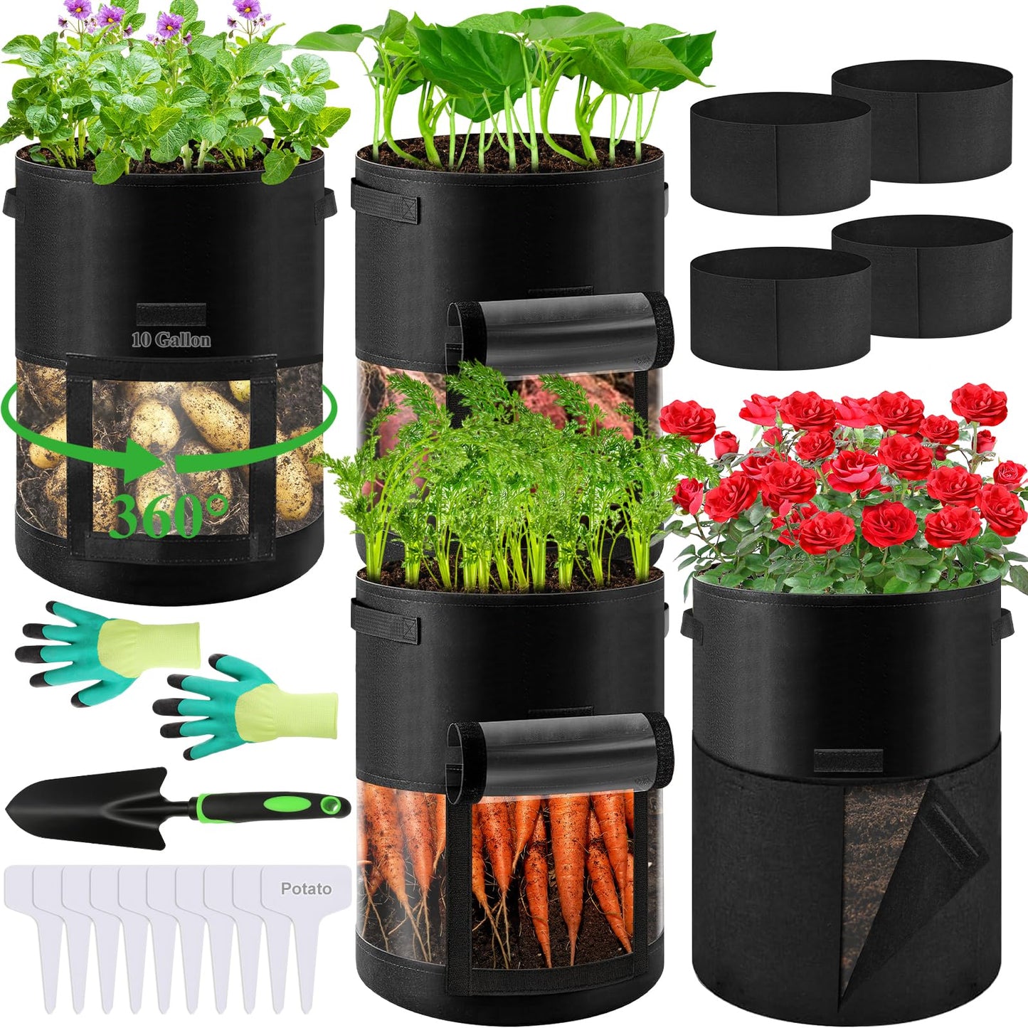 4 Pack 10 Gallon Potato Grow Bags with 360°Visible Window, Heavy Duty Thickened Nonwoven Fabric Plant Grow Bag with Sunshade Cloth, Reusable Garden Grow Bags for Potatoes, Vegetables, Flowers
