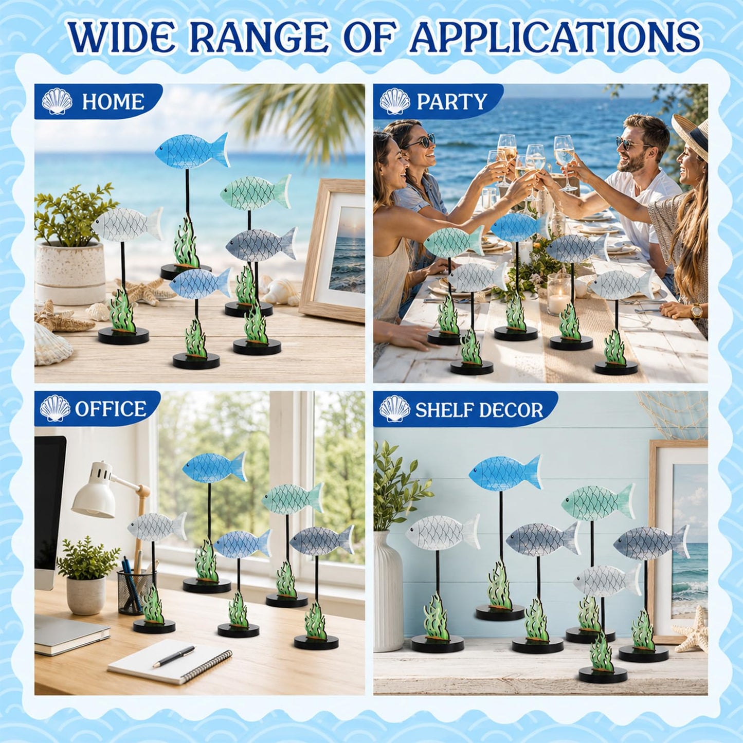 6Pcs Wooden Fish Table Decor with Seaweed Summer Ocean Theme Centerpiece Sea Animal Standing Sign Rustic Wood Fish Tabletop Decor Accents Coastal Home Office Bedroom Kitchen Table Shelf Desk