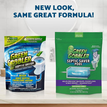 Green Gobbler Septic Saver Pods - Sewage & Septic Tank Cleaner - Bacteria Enzyme Packs for Monthly Septic Tank Treatments - 6 Pods (222g)