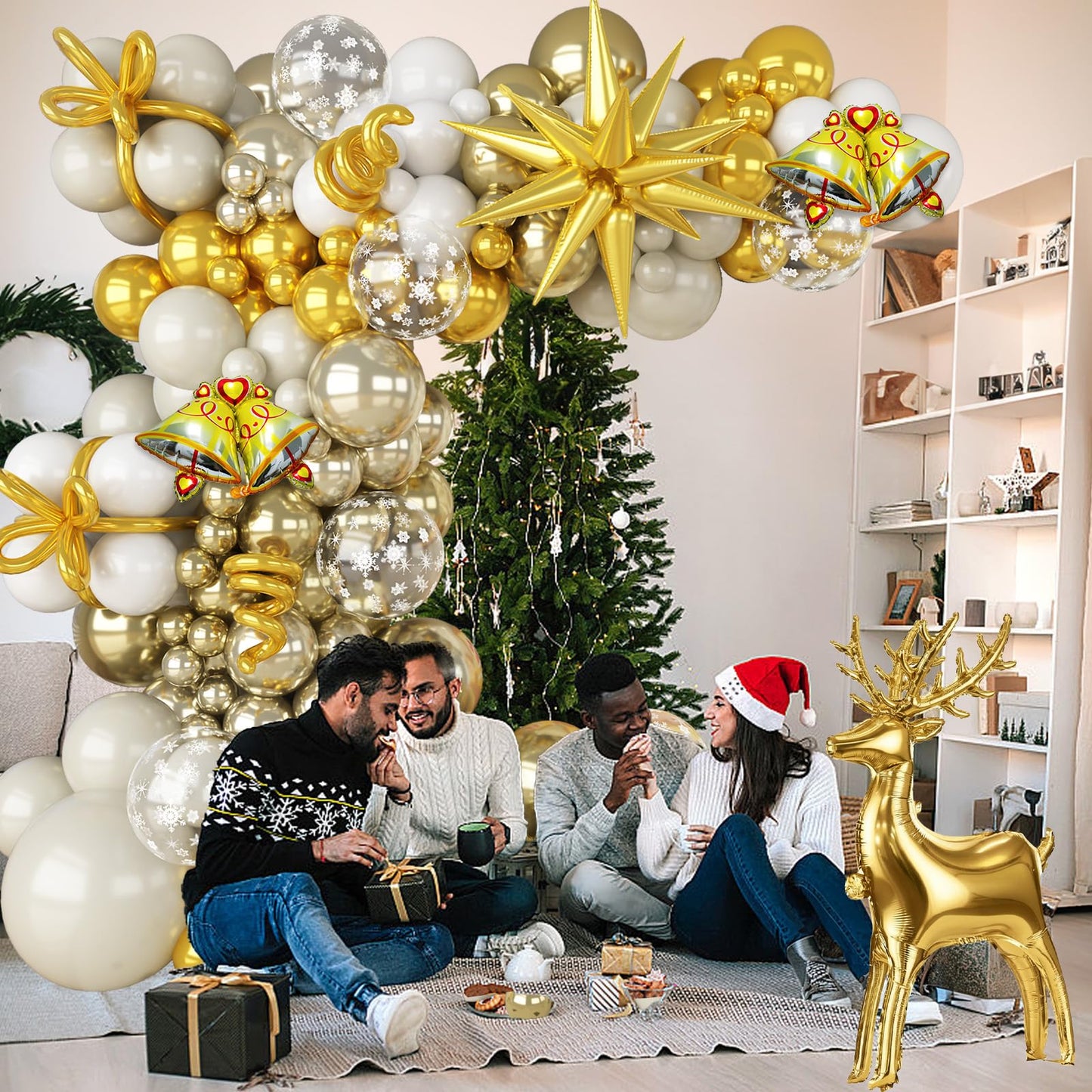 Christmas Party Decorations Xmas Balloon Arch Kit 121pcs White Gold Snowflakes Balloon with Metallic Light Gold Balloons Beige Gold Star Reindeer Deer Bell Foil Christmas Mylar Balloons for New Year