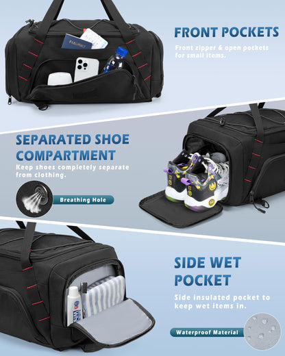 Smasrob 26L Gym Duffle Bag with Backpack Straps, Shoe Compartment and Wet Pocket, Small Duffle Bag for Travel and Sports, Black