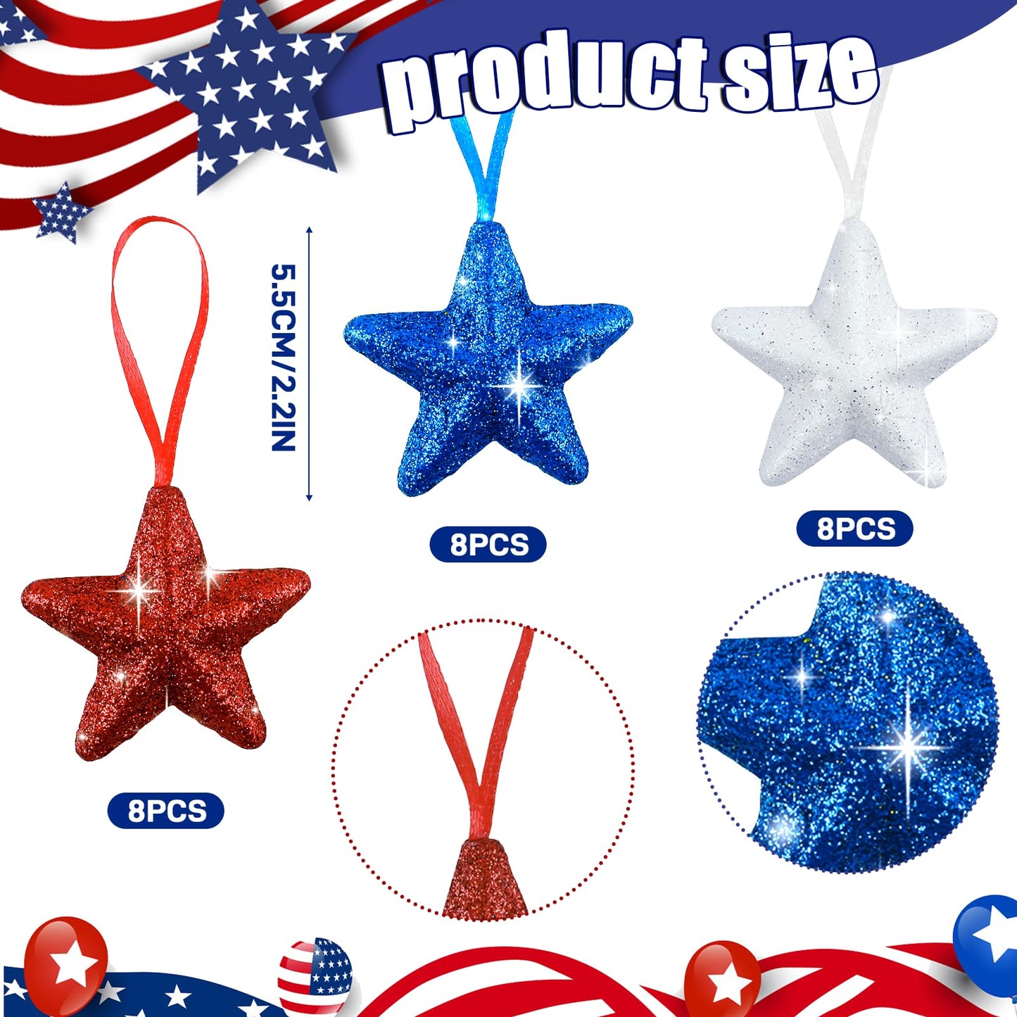Morofme 24pcs Patriotic Star Ornaments Glitter Red White and Blue Stars to Hang Independence Day Stars Tree Decorations 250th Anniversary Star Ornaments for Home Party Veterans Day 4th of July