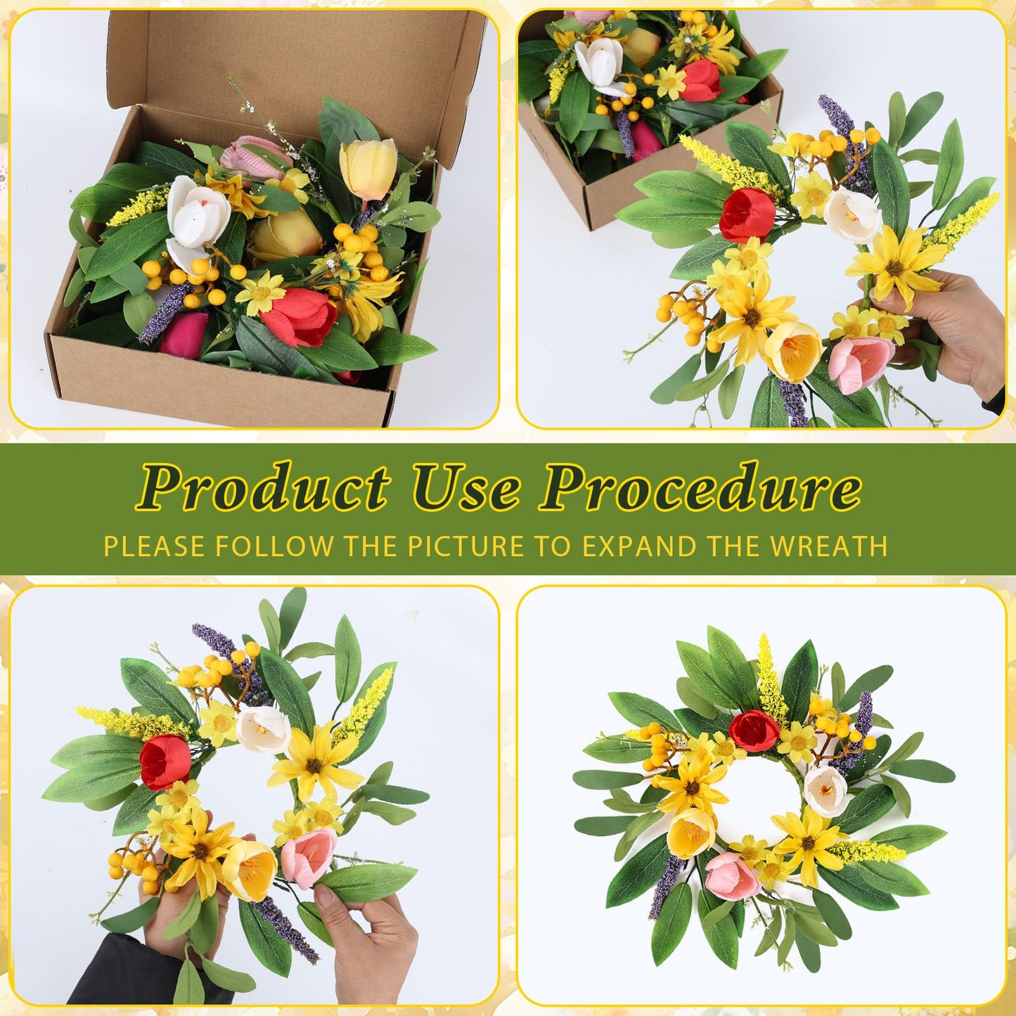 6 Pcs Spring Candle Rings Wreaths Spring Wreaths for Front Door 9'' Small Tulip Floral Candle Holder Rings for Window Front Door Flowers Wedding Anniversary Party Decoration