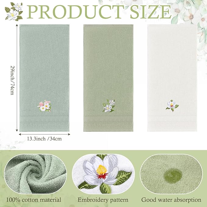 Magnolia Floral Hand Towels Farmhouse Green White Magnolia Bathroom Decor 14x29