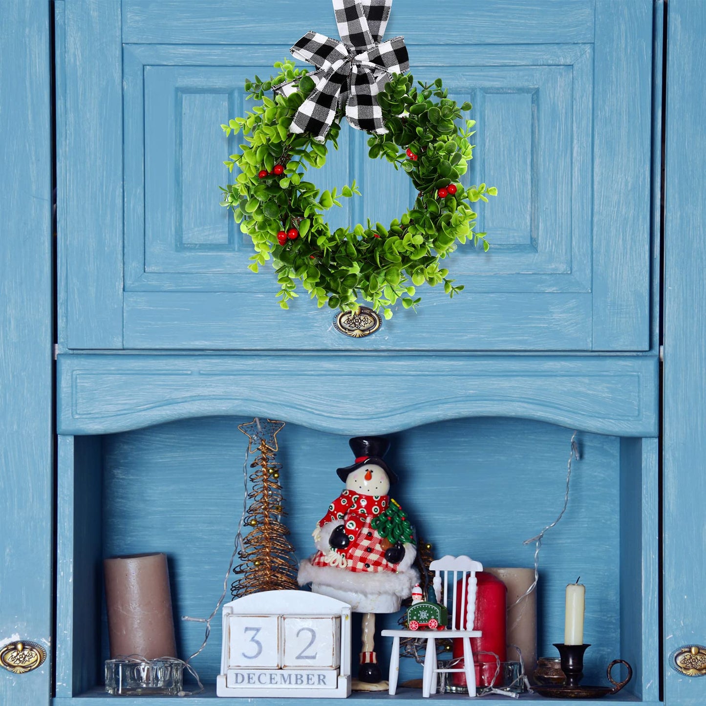 Canlierr 6 Pcs 8 Inch Christmas Kitchen Cabinet Wreaths with 31.5inch Ribbon Small Mini Christmas Wreath for Window Door Chair Wall Xmas Decoration(Plaid)