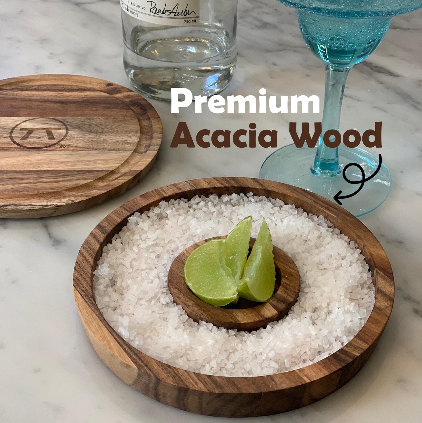 Outset 3-in-1 Acacia Wood Salt Rimmer, Cutting Board and Storage Container, 6.4" x 1" Margarita Rimmer