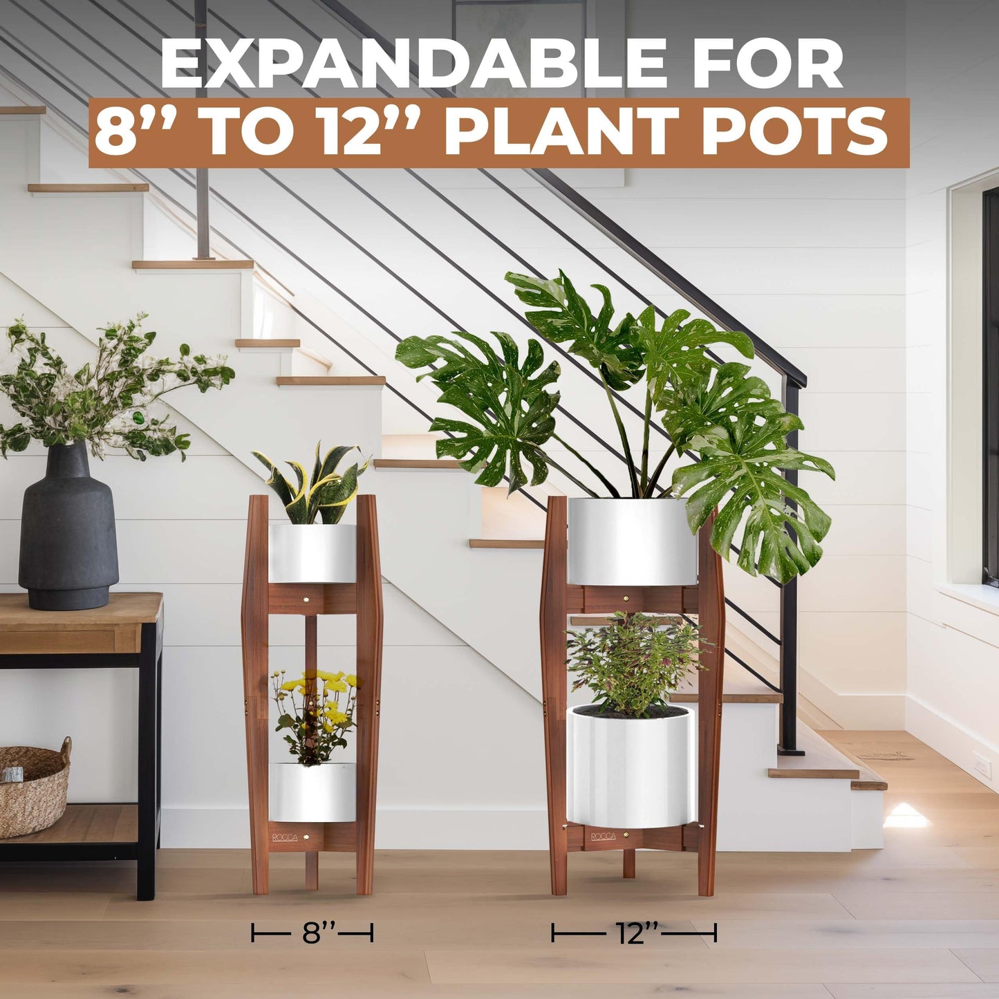 ROCCA 2-Tier Tall Plant Stand Indoor – Adjustable Bamboo Plant Stand (8–12”), Wooden Corner Pedestal for Multiple Pots, Modern Space-Saving Design