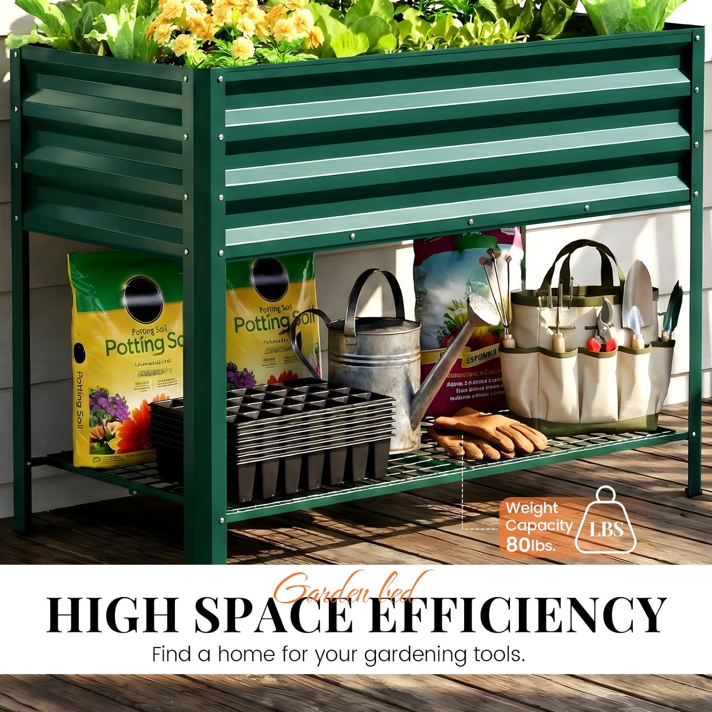 KING BIRD Large Raised Garden Bed with Legs & Storage Shelf Galvanized Elevated Planter Box for Backyard, Patio, Balcony, 400lb Capacity, Green 48×24×31.5 in