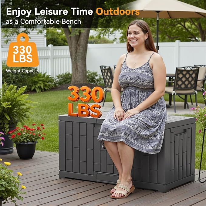 NEWBULIG 60 Gallon Deck Box, Waterproof Outdoor Storage Box with Lockable Lid, Patio Furniture Bench & Side Table, Outside Storage Container, Tool-Free Assembly, for Garden, Pool, Grey