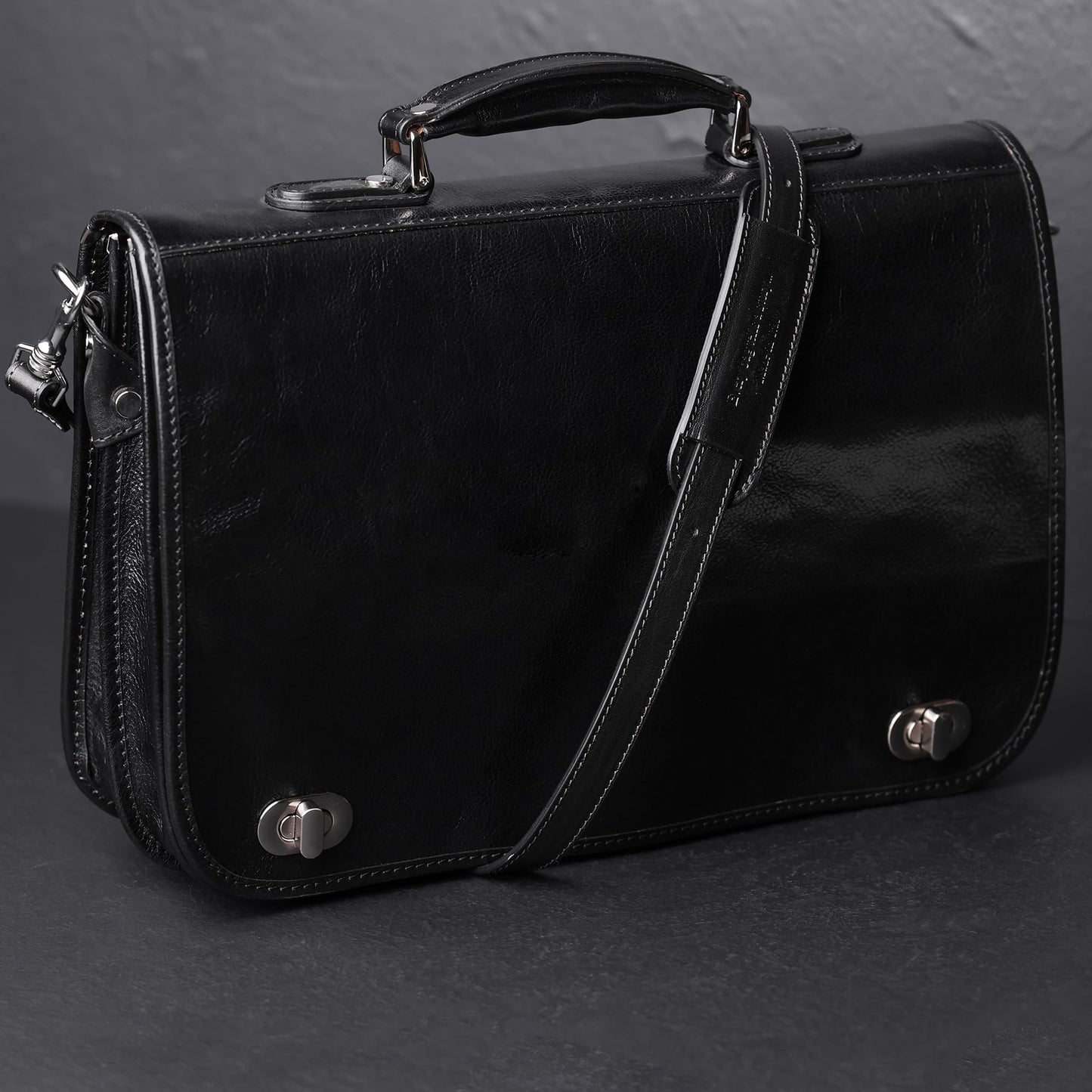 Time Resistance Hand Crafted Leather Messenger Shoulder Bag 15 Inch Laptop Briefcase Business Attache Black