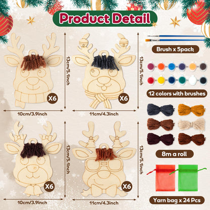 WATINC Wooden Christmas Reindeer Craft Kits - 24PCS Paint You Own Painting Art Work, Unfinished Deer Wood Slices Crafts Party Favor Supplies, DIY Reindeer Hanging Ornament Decoration for Boys Girls
