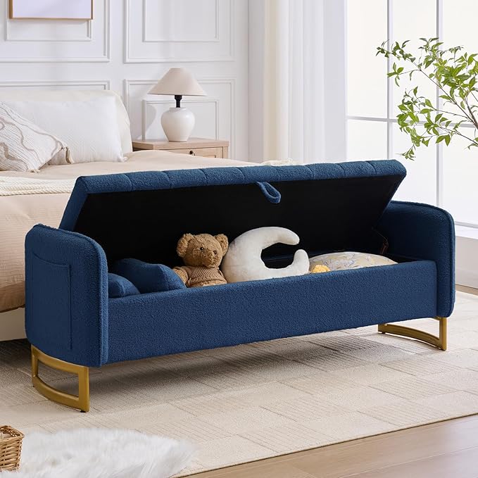 66'' King Size Storage Bench for Bedroom, Teddy Boucle End of Bed Benches for