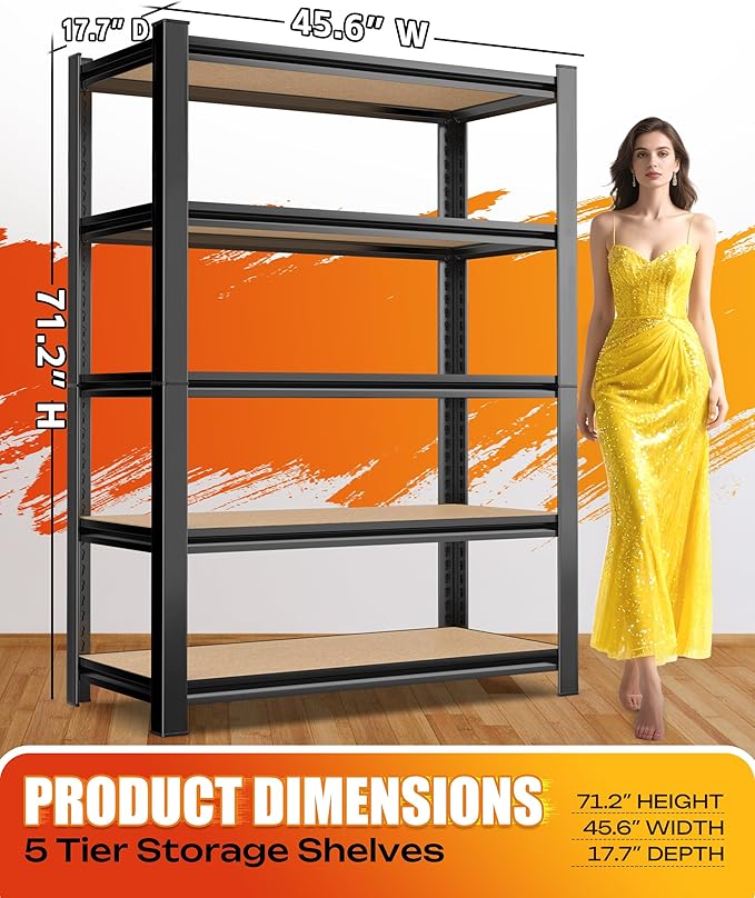 AOAORRG Set of 5 Garage Shelving Heavy Duty Storage Shelves, Metal Adjustable Shelving Unit, Utility Garage Organizer Shelf for Basement, Pantry, Kitchen, Warehouse, 45.6" Wx17.7 Dx71.2 H, Black