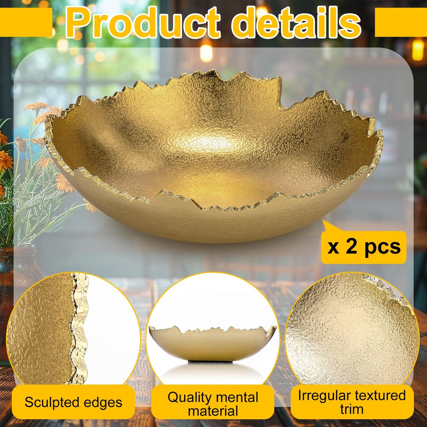 Nuogo 2 Pcs Gold Decorative Bowl for Table Golden Metal Centerpiece with Sculpted Edges Antique Torn Texture Serving Moon Bowl for Key Candy Fruit Tray Home Decorations