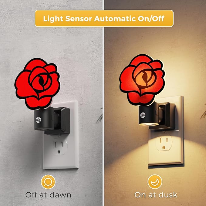 L LOHAS LED Red Rose Night Lights Plug into Wall, Gothic Rose LED Night Light with Dusk‑to‑Dawn Sensor, Adjustable Brightness, 350° Rotatable Plug in Nightlight for Bedroom Hallway Bathroom (2 Pack)