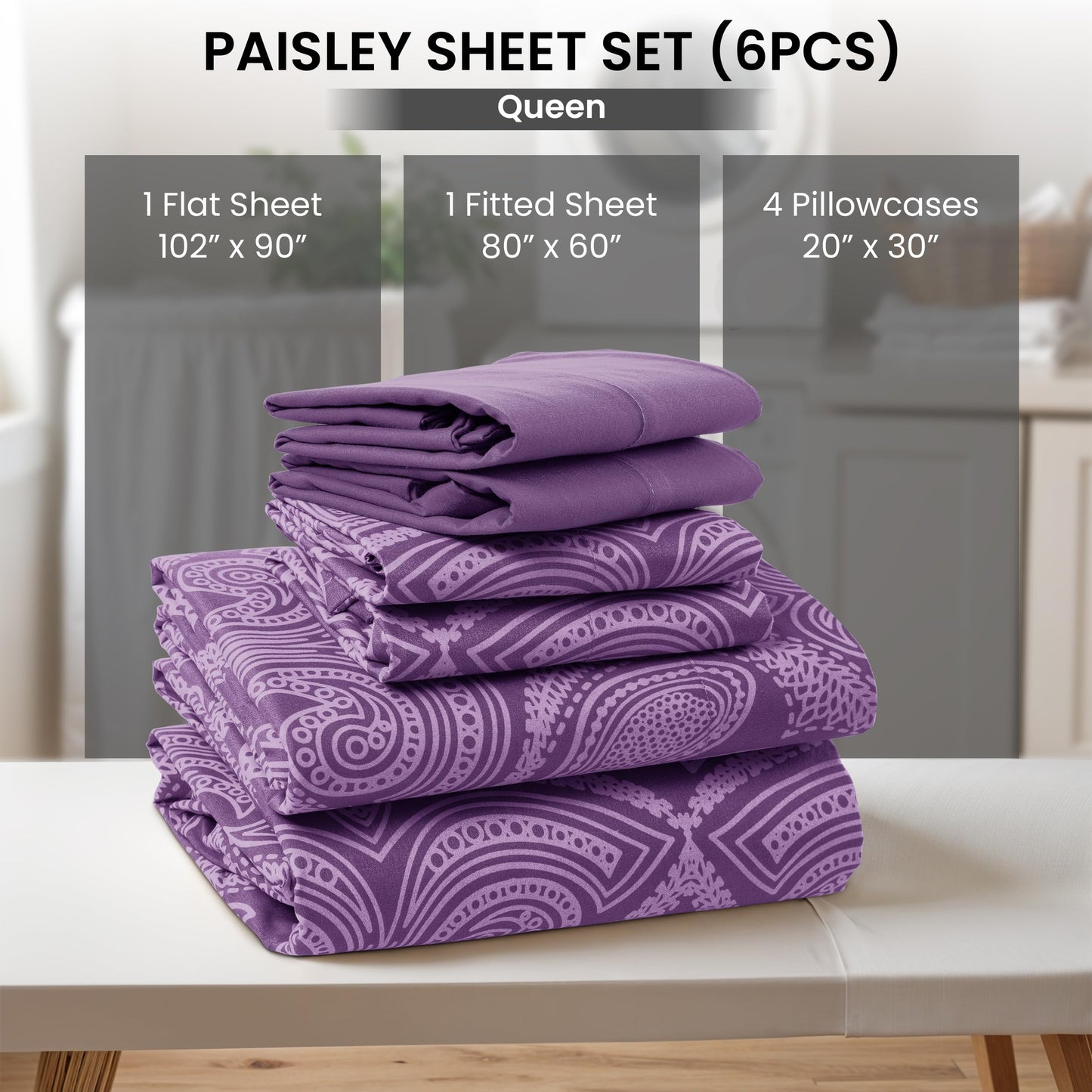 Ultra Soft Wrinkle-Free Microfiber Paisley Queen Sheet Set, Cute Floral Pattern Boho Print – 16" Deep Pocket Fitted Sheet, Flat Sheet & 4 Pillowcases, Breathable, OEKO-TEX - Purple