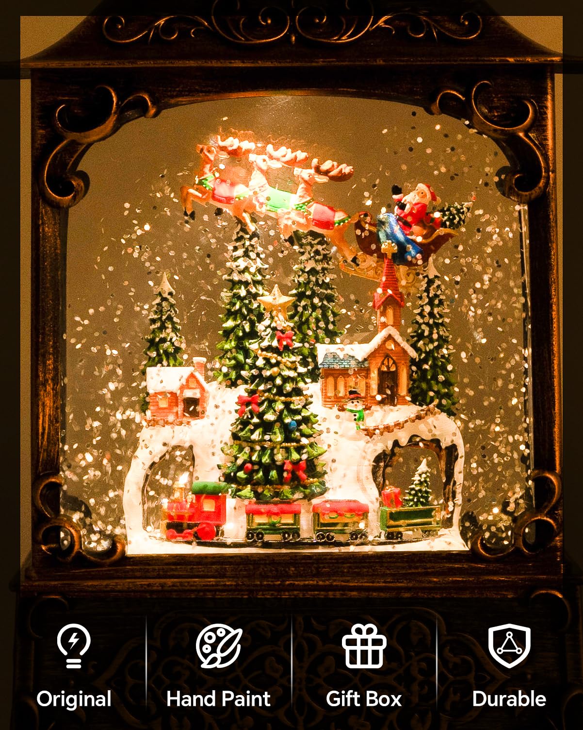 Snow Globe, Santa Snow Globe Christmas Tree, Lighted Musical Decorations Lantern,Village Houses, Train Battery, Reindeer, USB or Battery Operated，Gifts for Men and Kids.