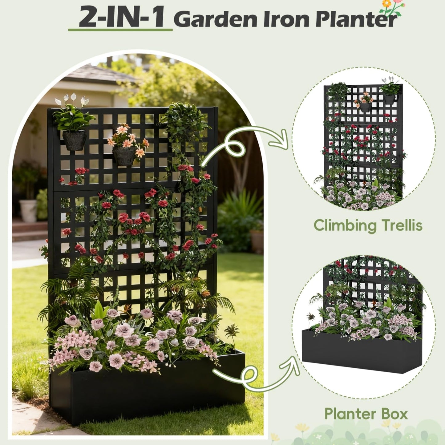 Callales Metal Planter Box with Trellis, Black Raised Garden Bed, Privacy Screen Planters with Trellis for Climbing Plants Vegetable Flowers Outdoor Indoor, Large 2Pcs Set