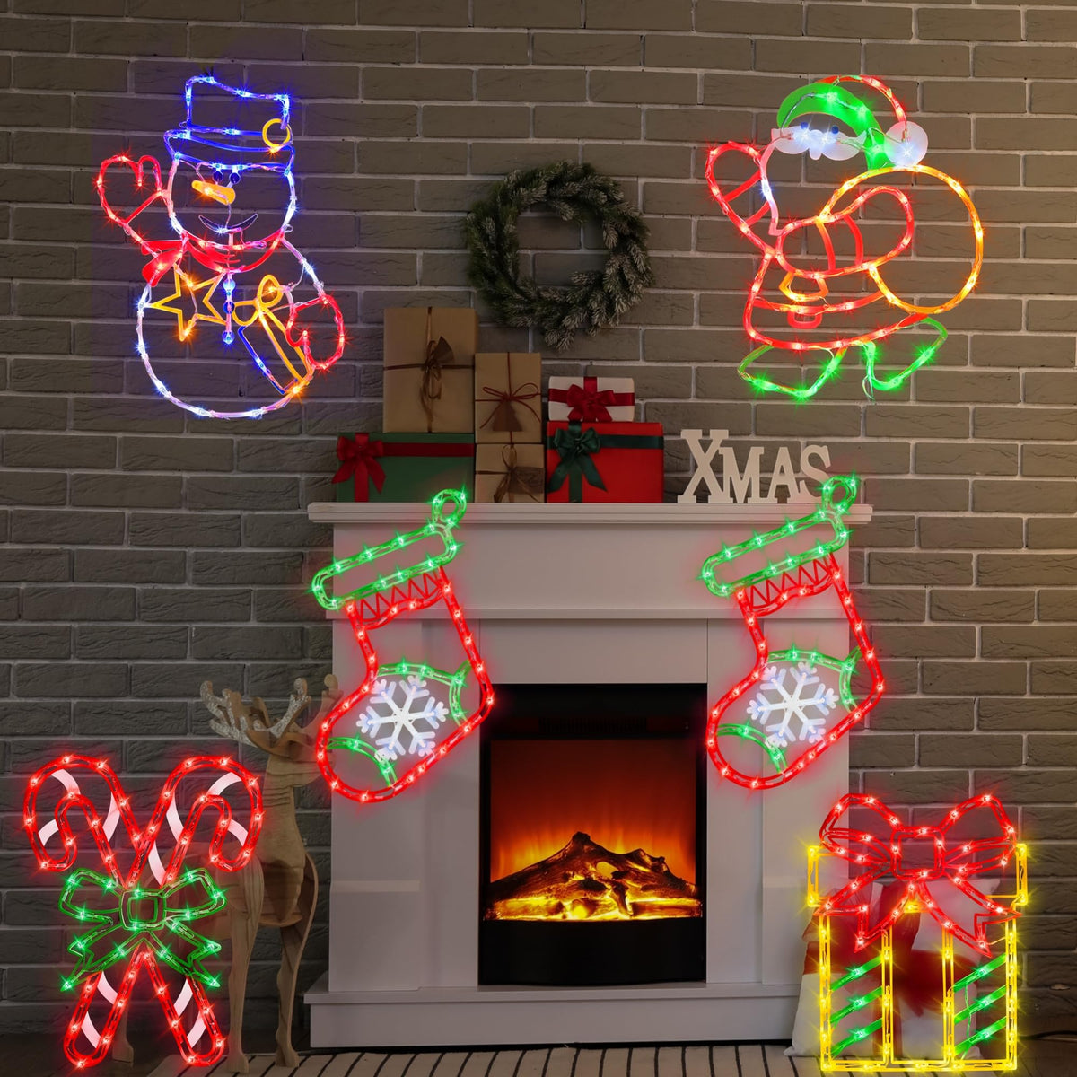 TRWYMZ 16" Christmas Window Silhouette Lights - 4 Pack Colour Lighted Christmas Stocking & Candy Cane & Gift Box & Santa for Holiday Indoor and Outdoor Wall Door Window Decorate