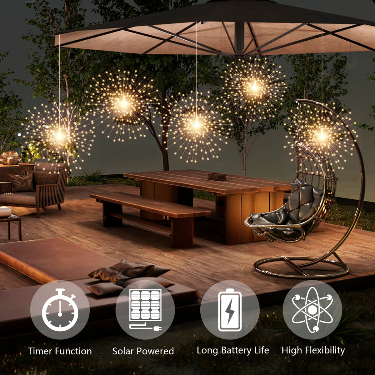 SHUKAN 5 Pcs 1000LED Solar Starburst Sphere Lights,Firework Light Remote Control Timer 8 Modes Dimmable Waterproof Hanging Fairy Light, Sparkly Lights for Patio Garden Tent Outdoor(Warm White)