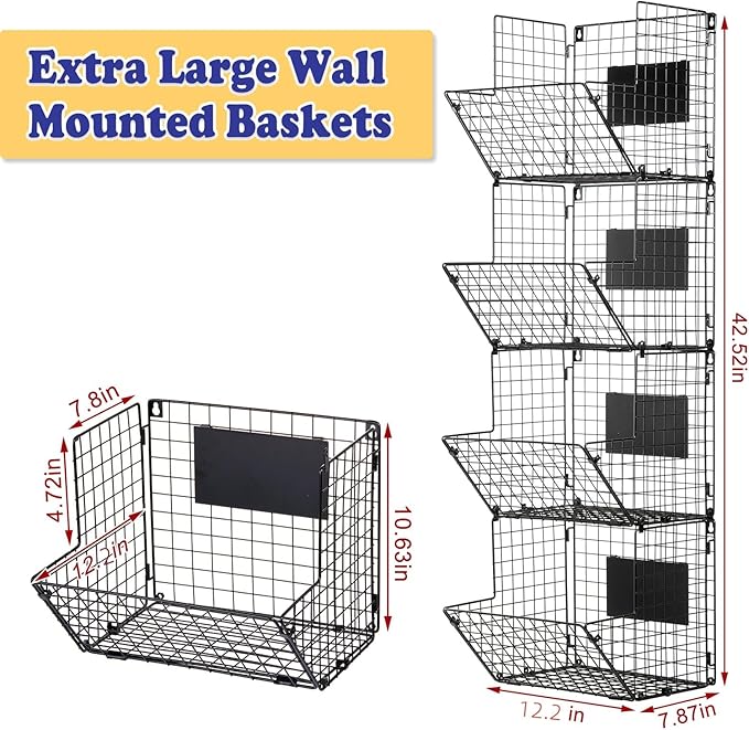 X-cosrack Metal Wire Basket Wall Mount, 4 Tier Extra Large Wall Storage Basket
