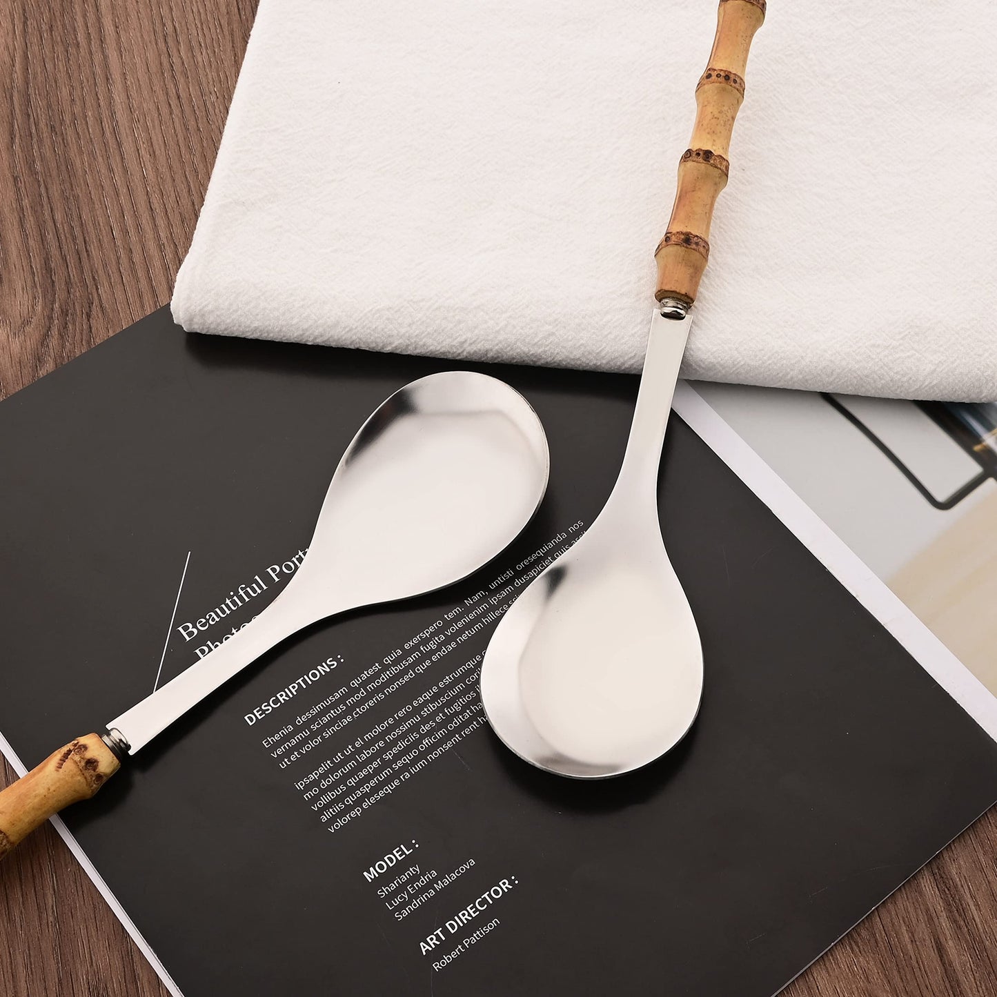 Natural Bamboo Handle Serving Spoons Set of 6, Large Size Stainless Steel Dinner Buffet Catering Banquet Serving Spoons, 10.0" Silver Big Ladle Tablespoons for Home, Family Serving Utensils