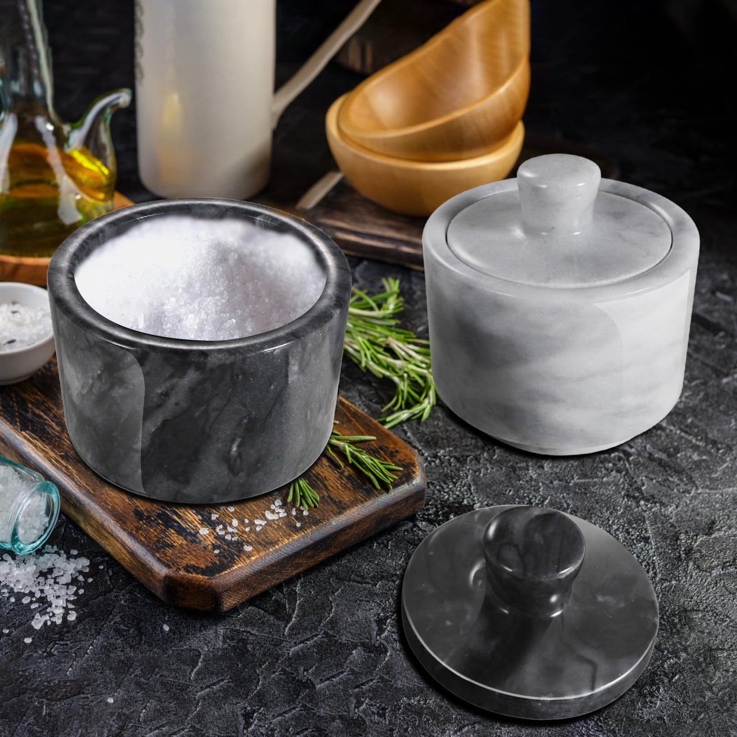 RingsTown 2PCS Natural Marble salt holder with lid, 3.2 in, Unique Veining, Airtight Seal for Salt & Pepper, Ideal for Spice Racks & Countertops(Black & White)