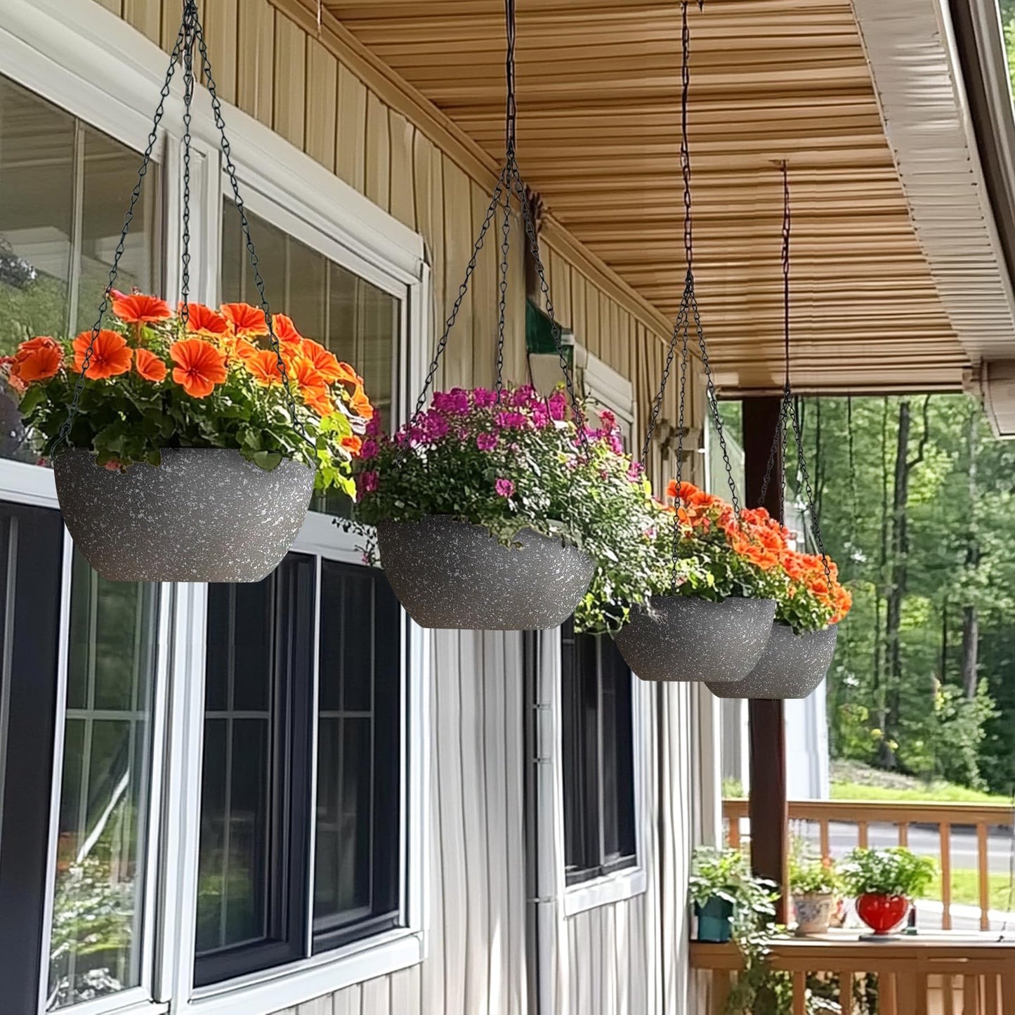 T4U Hanging Planters for Indoor Outdoor Plants 2 Pack - 12 Inch Grey Hanging Plant Basket with Drainage Hole, Round Hanging Flower Plant Pot for Garden Home Decor(Grey)