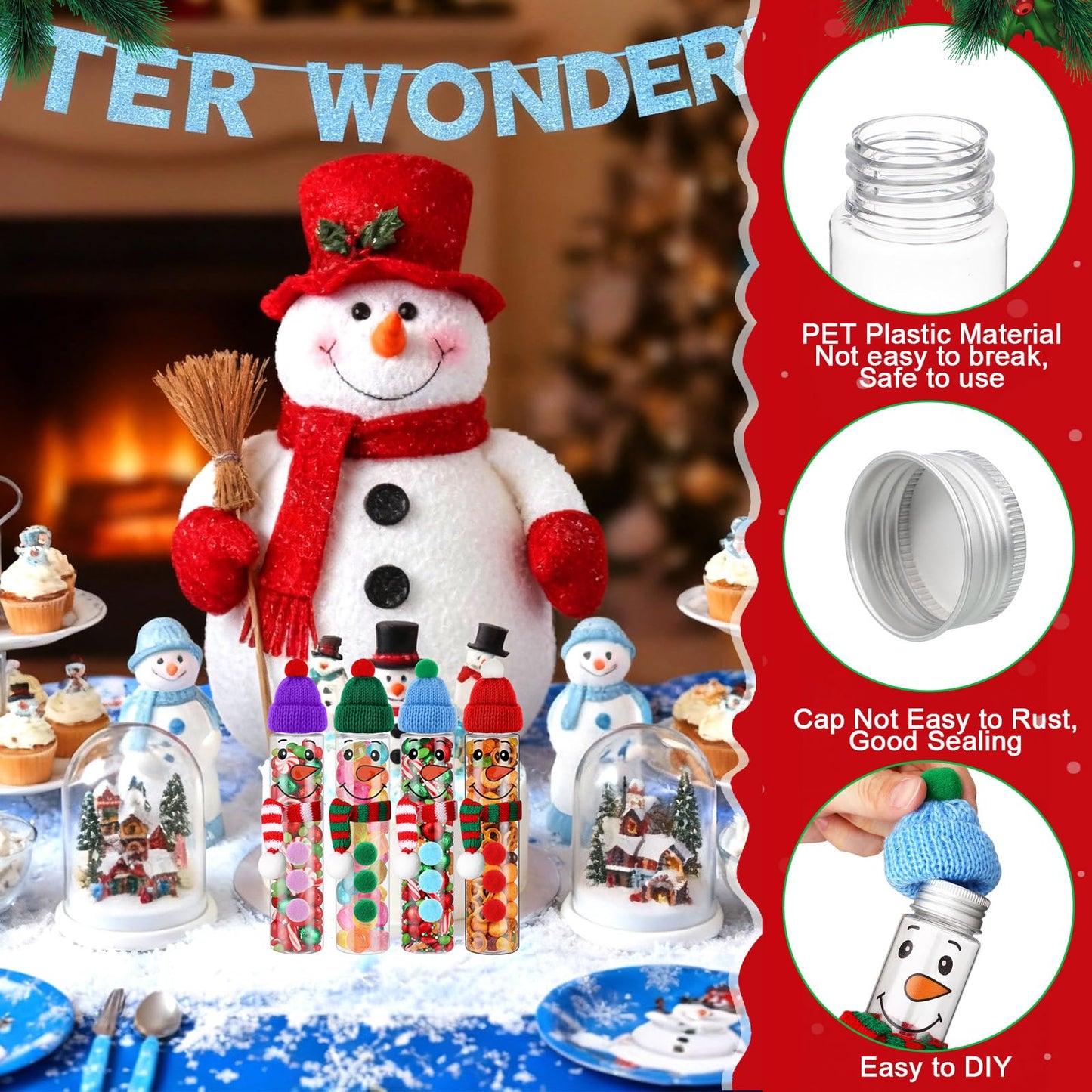 Honeydak 16 Set Christmas Candy Tubes 4 oz Hot Chocolate Clear Plastic Test Tube Bulk with Screw Caps Empty Christmas Holiday Scarf Santa Hat Snowman Gumball Candy Container for Party Gift Prizes