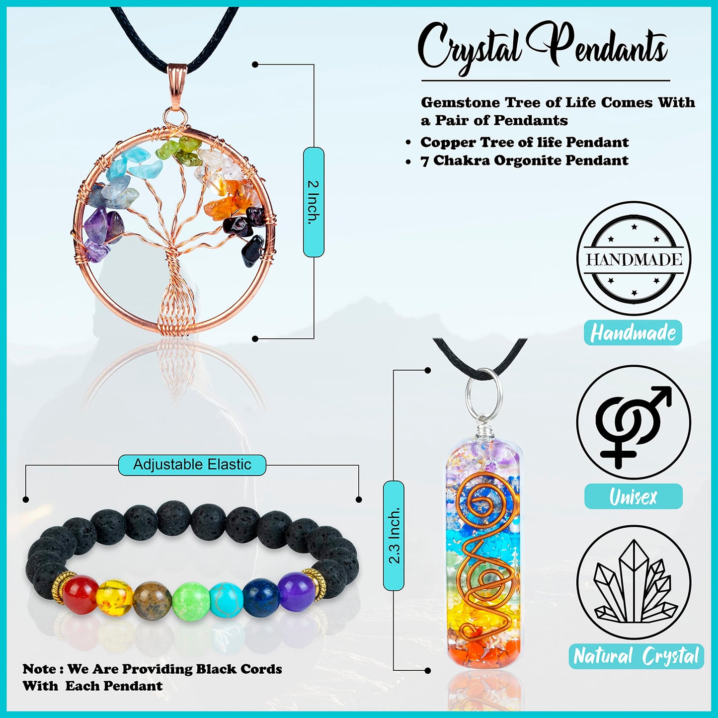 Crocon® Seven Chakra Crystal Tree of Life with Bracelet & 2 Pendants, Feng Shui Bonsai Decor Healing Crystals Spiritual Gifts for Cute Home Room & Desk Decor, Gifts for Women, Mom, Friend Her & Sister