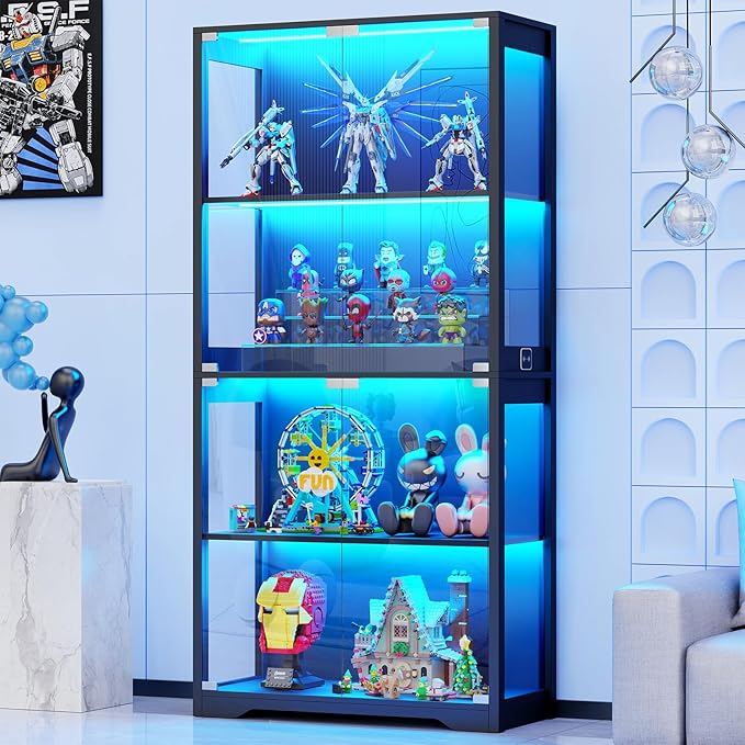 BROTTAR Display Cabinet with Glass Doors, 4-Tier Curio Cabinet with 3 Color
