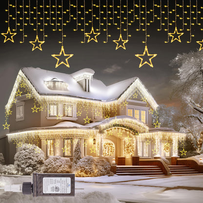 Minetom Icicle Lights Outdoor with Star, 20FT 200 LED Christmas Star Light with 24 Drops,8 Modes, Icicle String Lights with Timer, Waterproof Christmas Light Outdoor, Warm White