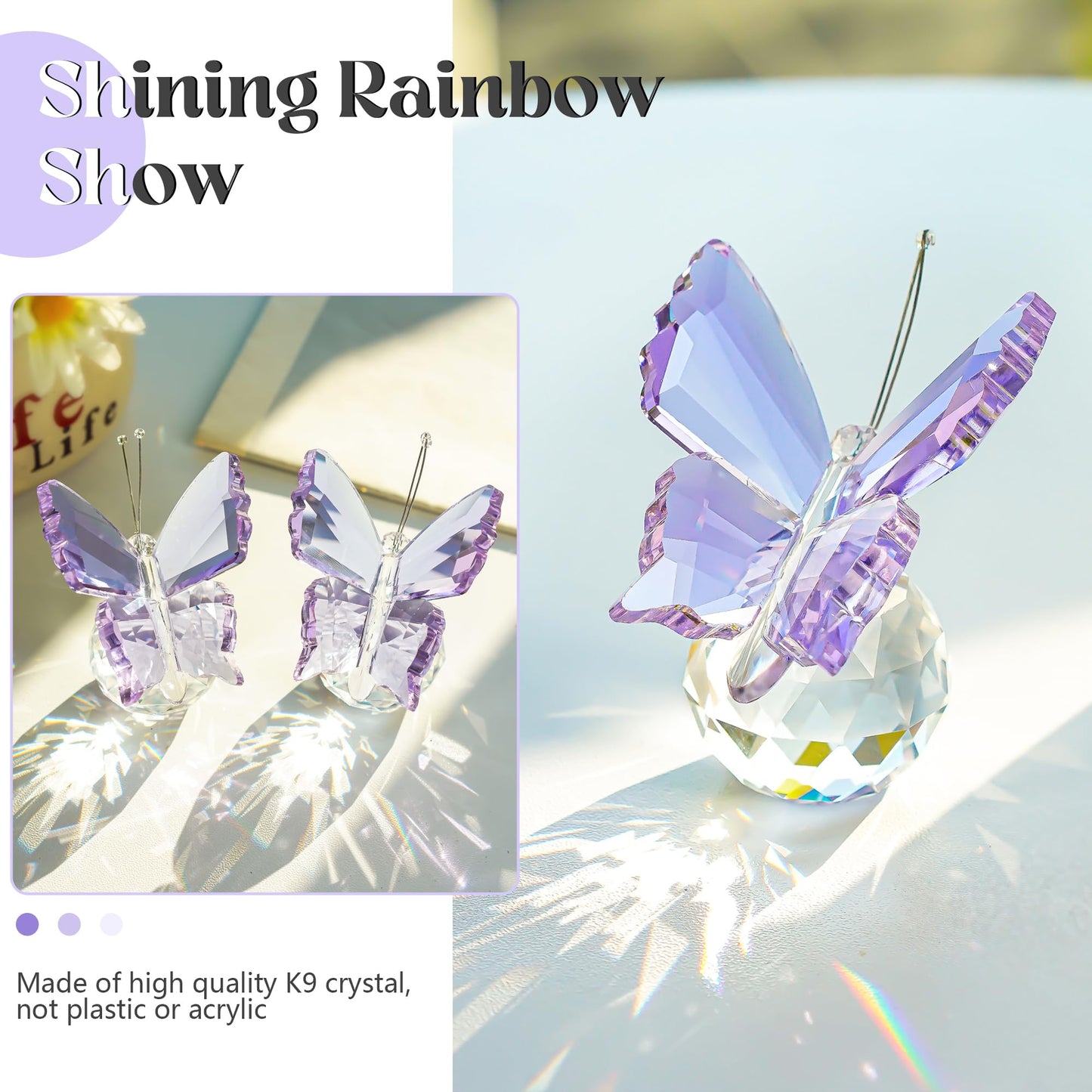 kanpura 2 Pcs Crystal Butterfly Figurines with Glass Ball Base,Glass Butterfly Statues, Crystal Animal Figurines for Home Christmas Decor(Purple)