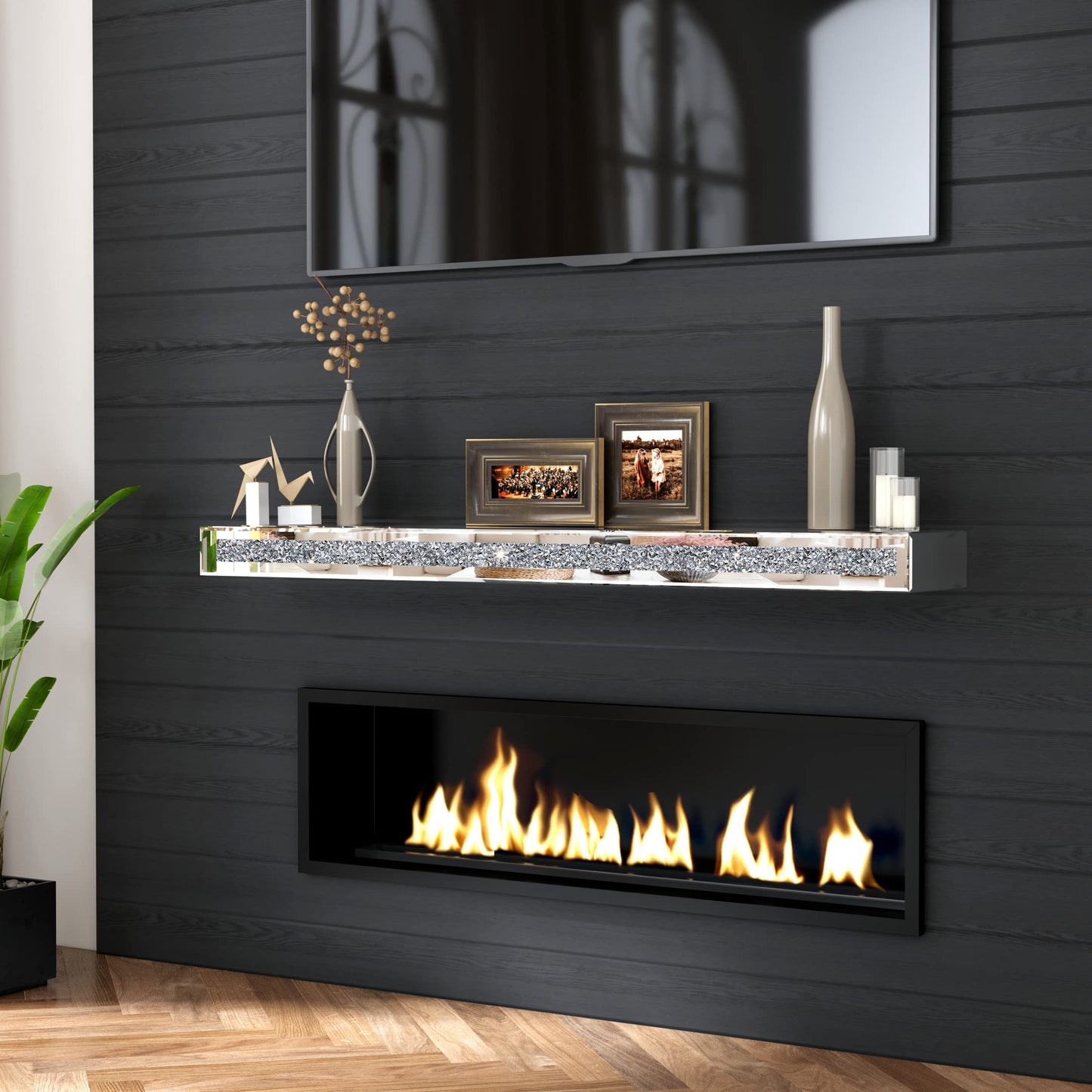 blingworld Fireplace Mantel Mirrored, 48" Glass Floating Mantel Shelf for Over Fireplace & Under TV, Gorgeous Crystal Crushed Diamond Floating Wall Shelves for Living Room, Bedroom, Kitchen, Silver
